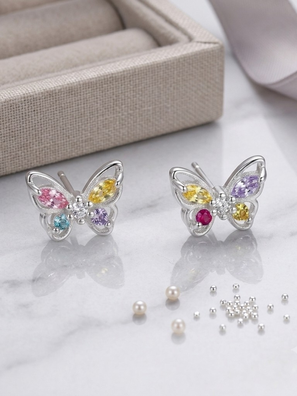 New! 925 Sterling Silver Colorful CZ Butterfly Earrings Stud Jewelry NWOT - Picture 2 of 3